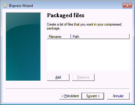 Prise d'écran de l'écran des paramètres dans iexpress (Création et modification d'un fichier CAB)